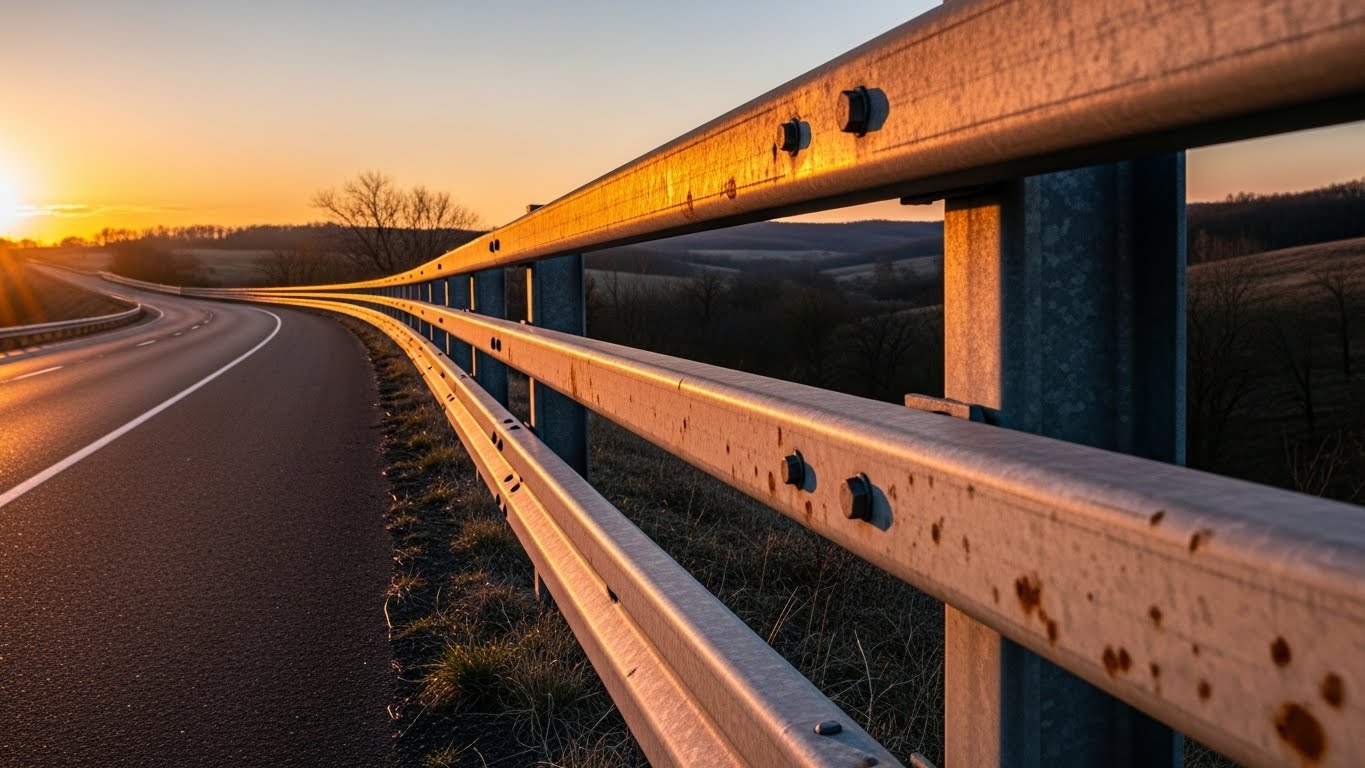 Otoyol kenarında döşenmiş çelik bariyer görünümü