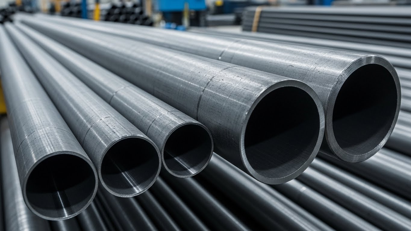 Stok sahasında istiflenmiş çelik çekme borular ve fiyat etiketleri