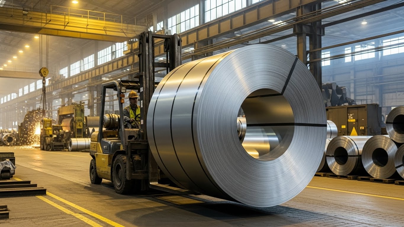 Depoda bekleyen rulo çelik sac stoğu