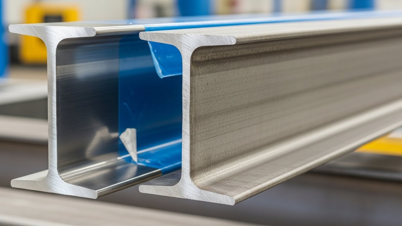 Bir depoda istiflenmiş farklı ebatlarda HEA profil demirleri