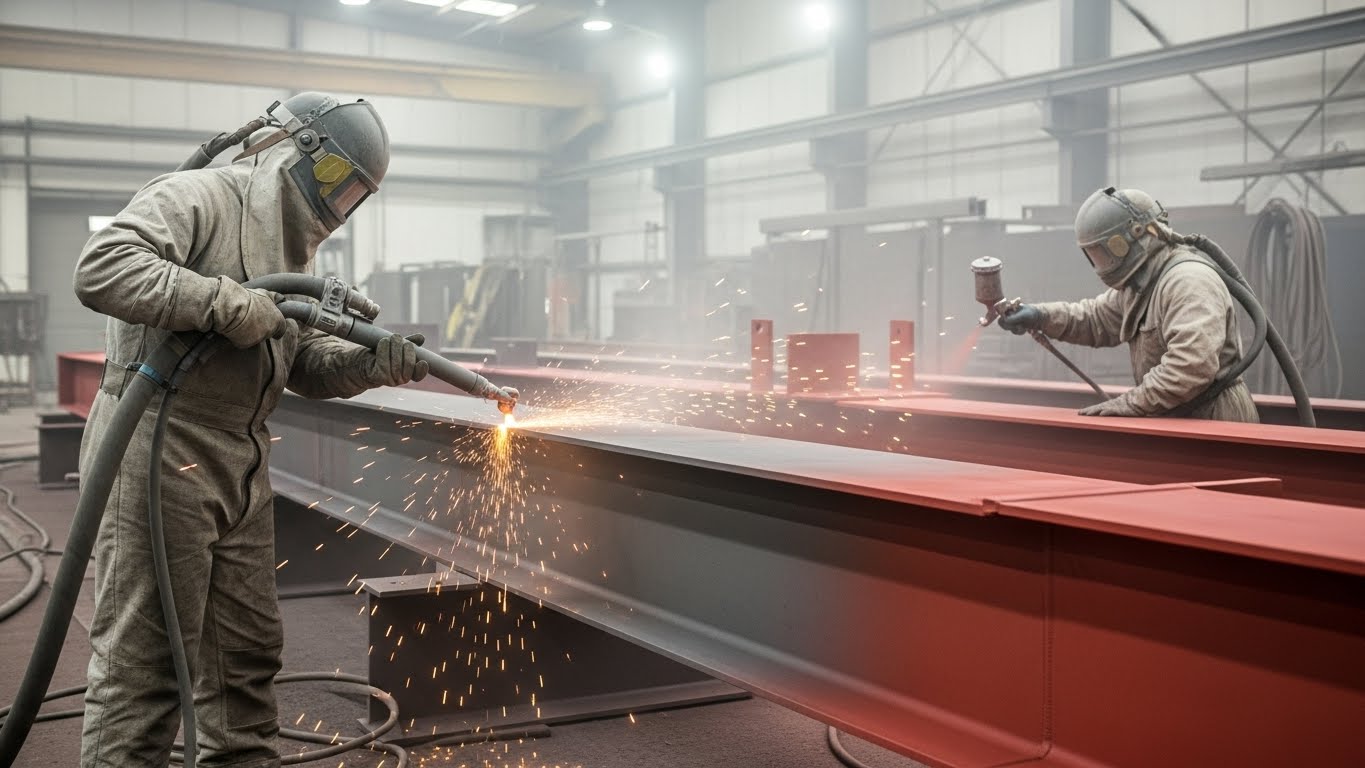 Kumlama Boyama Çeşitleri Görseli: Metal yüzeyin temizlenmiş halini ve farklı aşındırıcıları gösteren diyagram.