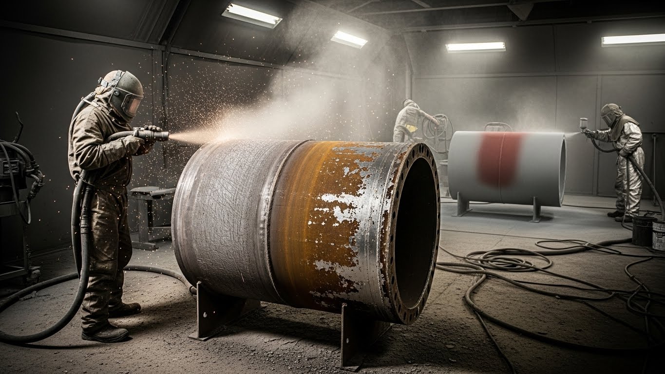 Kumlama Boyama Ebatları Görseli: Farklı ebatlardaki çelik malzemelerin kumlama işlemi öncesi ve sonrası.