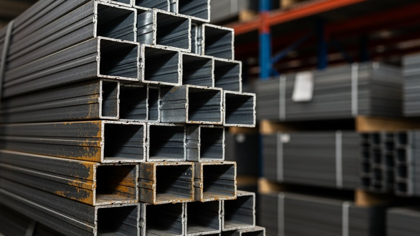 Farklı boy ve kalınlıklarda istiflenmiş kare ve dikdörtgen kutu profil çeşitleri