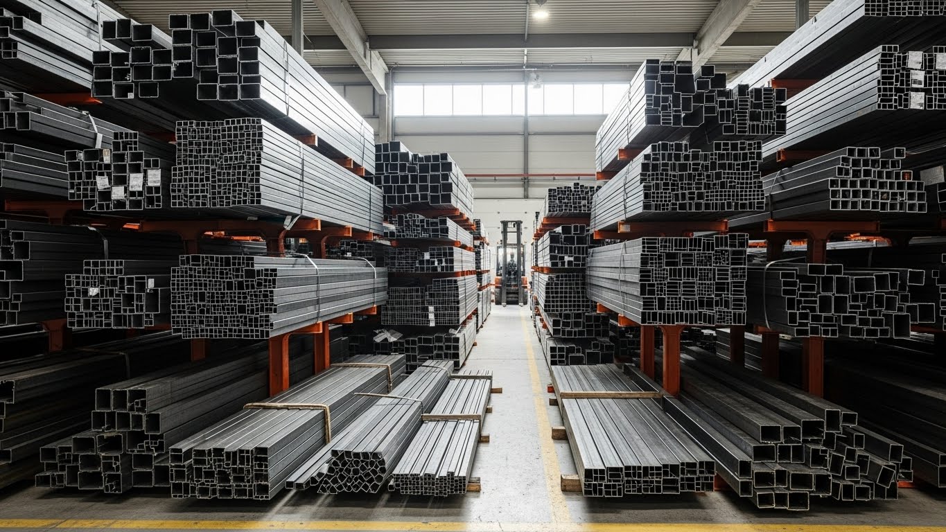 Büyük bir çelik stok alanında farklı ebatlarda düzenlenmiş profiller