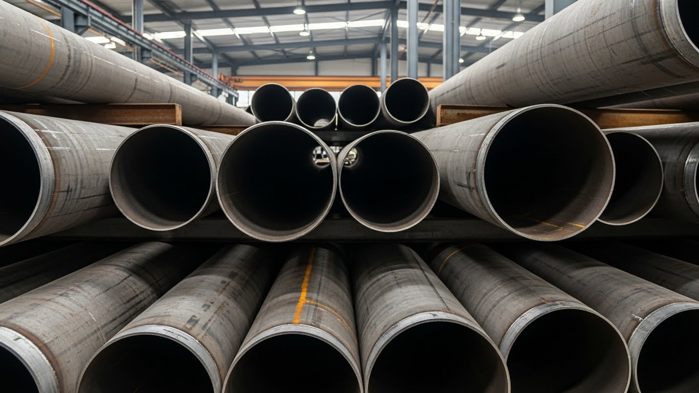 Stok sahasında farklı çaplarda çelik borular