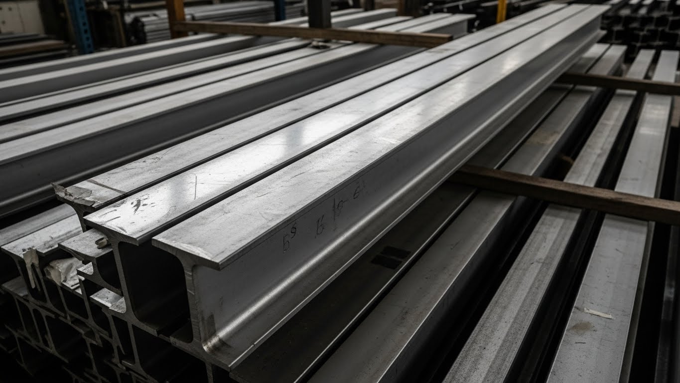 Çelik bir iskelede yerleştirilmiş çeşitli HEA profil çeşitlerini gösteren bir görsel