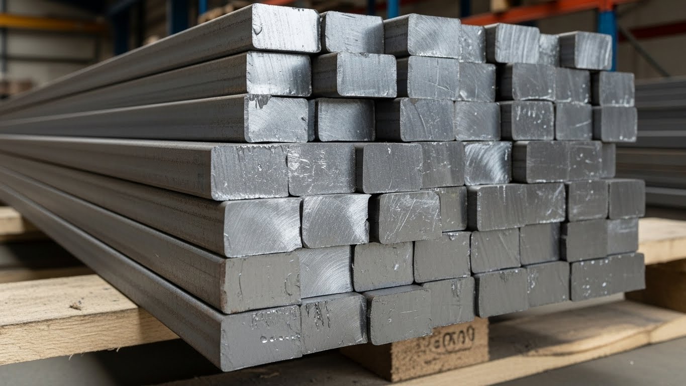 Farklı boyutlarda istiflenmiş kare dolu demirler